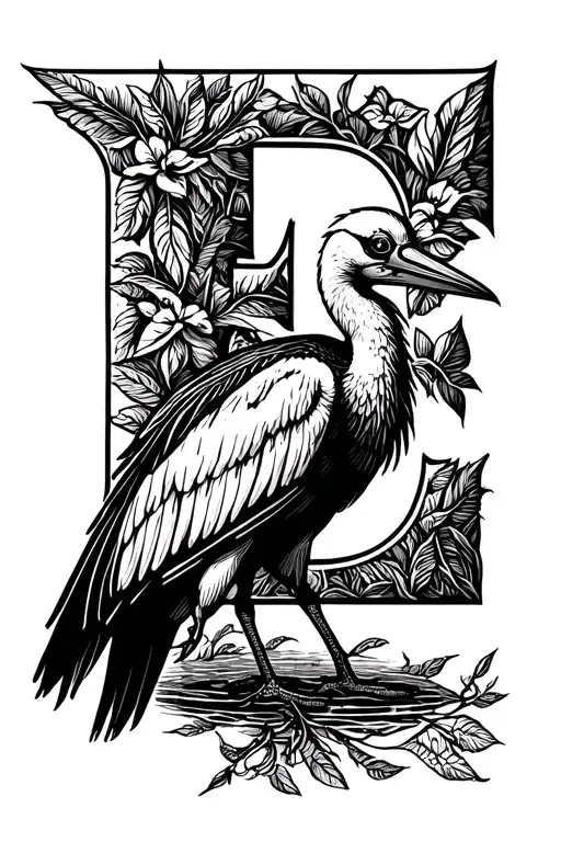 stork bird with the letter E tattoo design idea