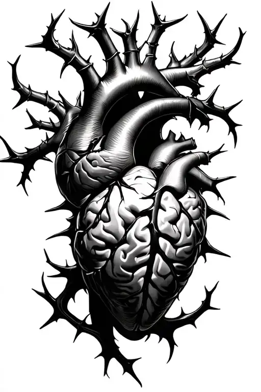 heart inside a brain covered in thorns tattoo design idea