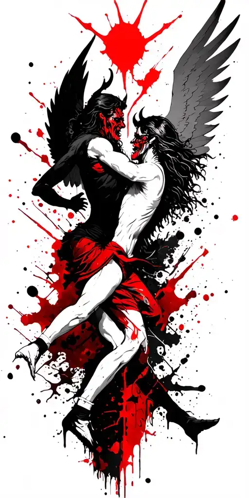 separate angel in white vs. demon in black  fighting tattoo design idea