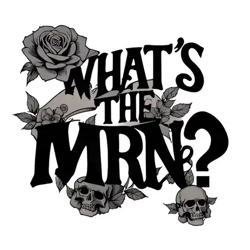 "WHAT'S THE MRN?" Scroll with skulls and roses tattoo design idea