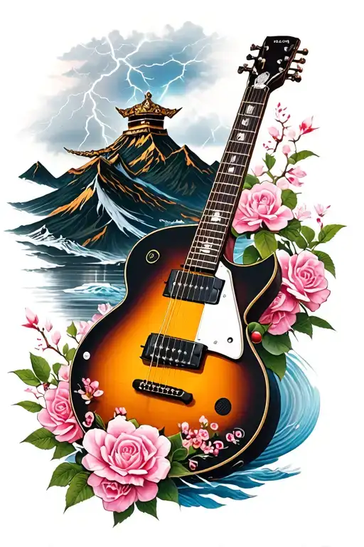 Guitar, Japanese cherry blossom, Samurai, Storms and lightning, Water, Kings, Roses, Mountains tattoo design idea