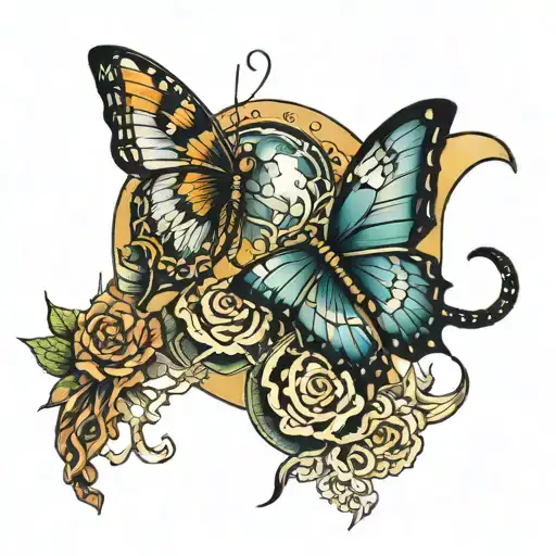 butterfly, snakes, moon tattoo design idea