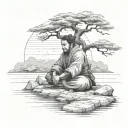 A serene landscape of a samurai meditating under a tree by the sea, surrounded by construction materials subtly incorporated into the design tattoo design idea