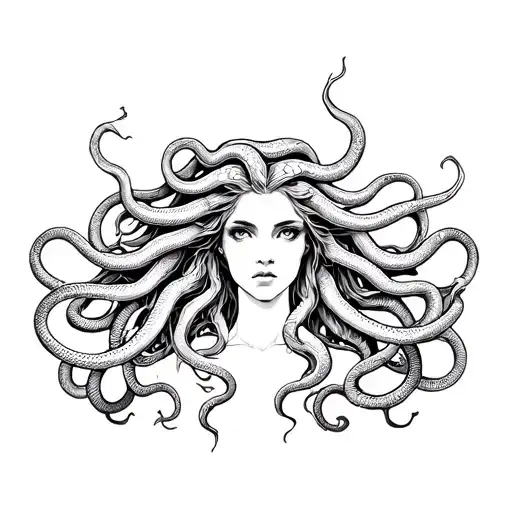 Neo-traditional black and grey tattoo stencil of Medusa, female portrait with snakes as hair, aggressive serpents, bold  tattoo design idea