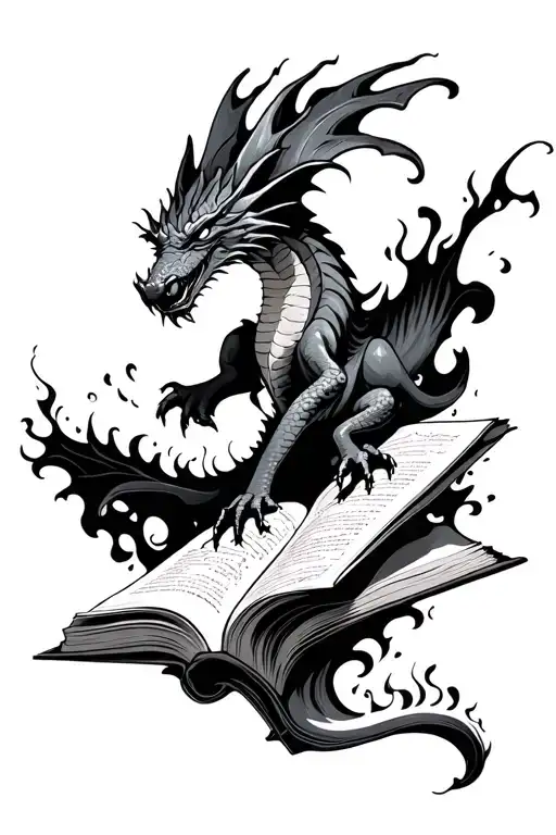 open book dragon flying out from swirling flames tattoo design idea