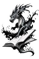 open book dragon flying out from swirling flames tattoo design idea