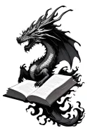 open book dragon flying out from swirling flames tattoo design idea