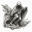 A powerful and dynamic composition of a hooded figure stomping on a fallen cop, symbolizing rebellion and justice tattoo design idea