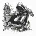 A powerful and dynamic composition of a hooded figure stomping on a fallen cop, symbolizing rebellion and justice tattoo design idea