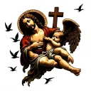 jesus cross, angel baby angel, birds flying, sun shining, on leg tattoo design idea