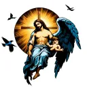 jesus cross, angel baby angel, birds flying, sun shining, on leg tattoo design idea