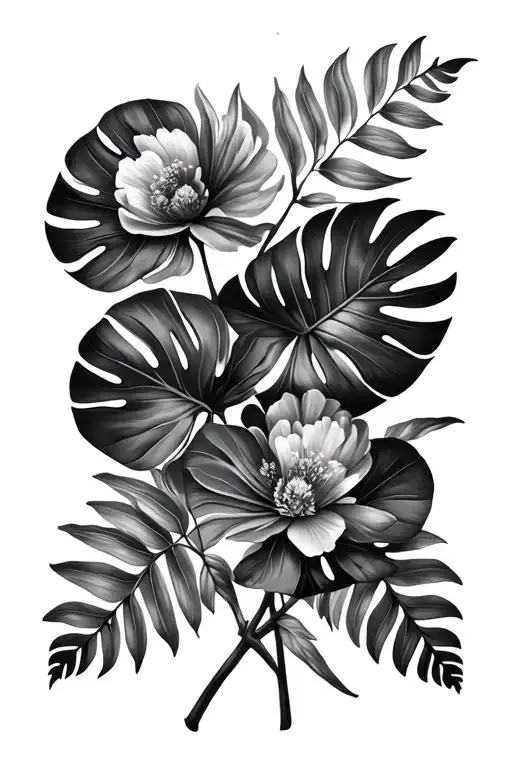 fern poppy peony monstera leaves tattoo design idea