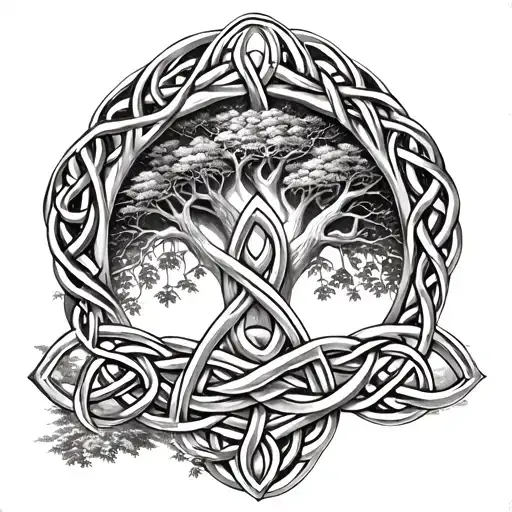 realistic knot detailed celtic triquetra at center of Yggdrasil tree tattoo design idea