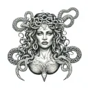 A realistic portrait of Medusa with intricate details of her snake hair and a subtle nod to the client's occupation as a stripper tattoo design idea