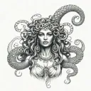 A realistic portrait of Medusa with intricate details of her snake hair and a subtle nod to the client's occupation as a stripper tattoo design idea
