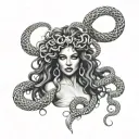 A realistic portrait of Medusa with intricate details of her snake hair and a subtle nod to the client's occupation as a stripper tattoo design idea