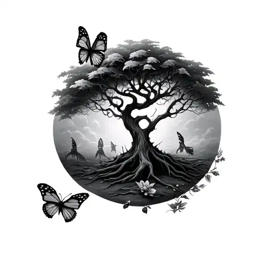 poison tree with butterflies and semi colon tattoo design idea