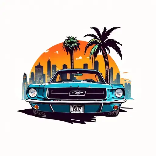 vintage ford mustang with palm tree silhouette and Los Angeles skyline tattoo design idea