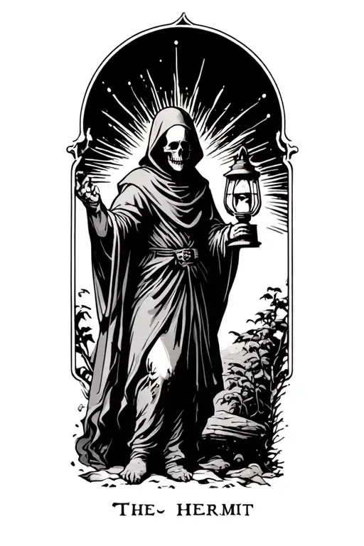 ThThe hermit tarot walking sideways in darkness holding lantern emitting light. Skull face cloaked in hood tattoo design idea
