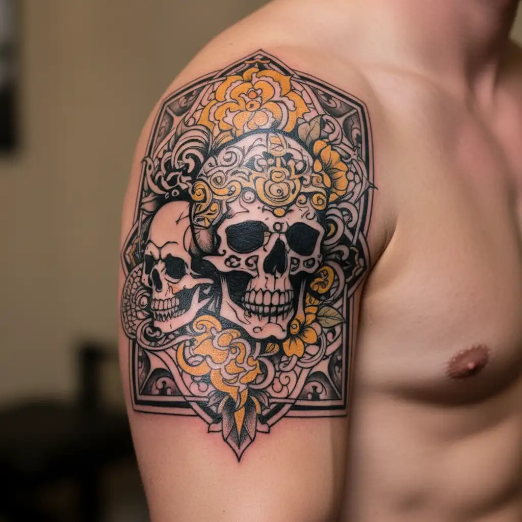 om hindi text and skull and  rouse tattoo design idea