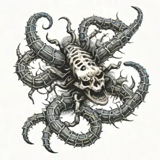 horror scolopendra with spiders and skulls around it tattoo design idea