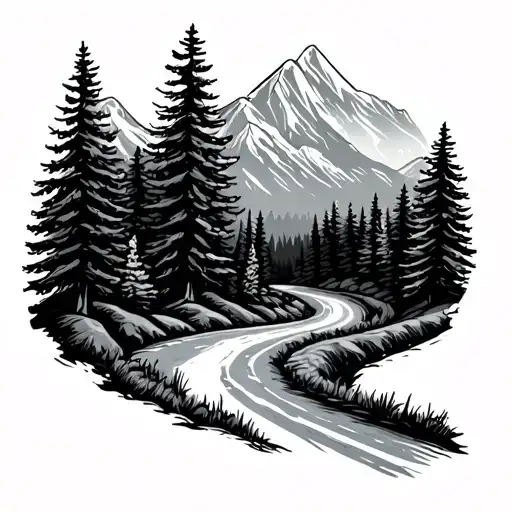 winding road leading to mountains with pine trees  tattoo design idea