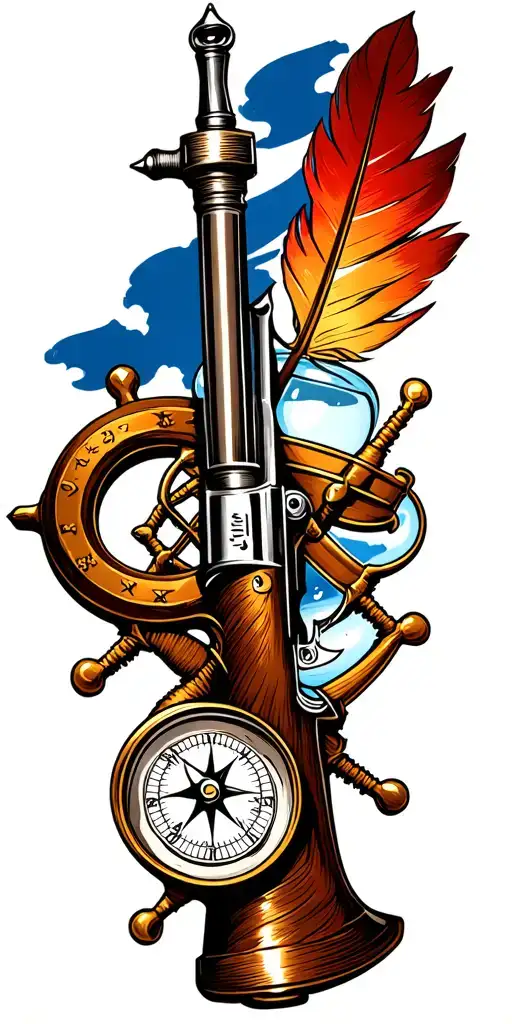 US Navy flintlock pistol, a quill pen, a compass, an anchor, a ship's wheel, an hour glass tattoo design idea