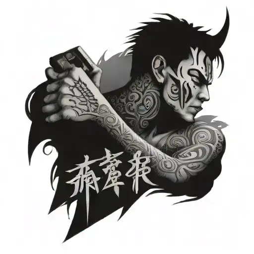 Half demon half angle human with 333 and Japanese lettering and cracked face   tattoo design idea