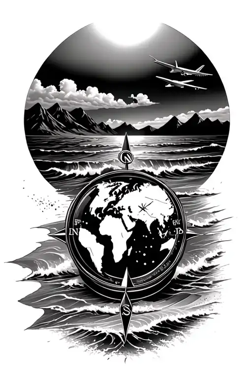 Beach shore with waves, compass with World map inside, mountains and planes above tattoo design idea