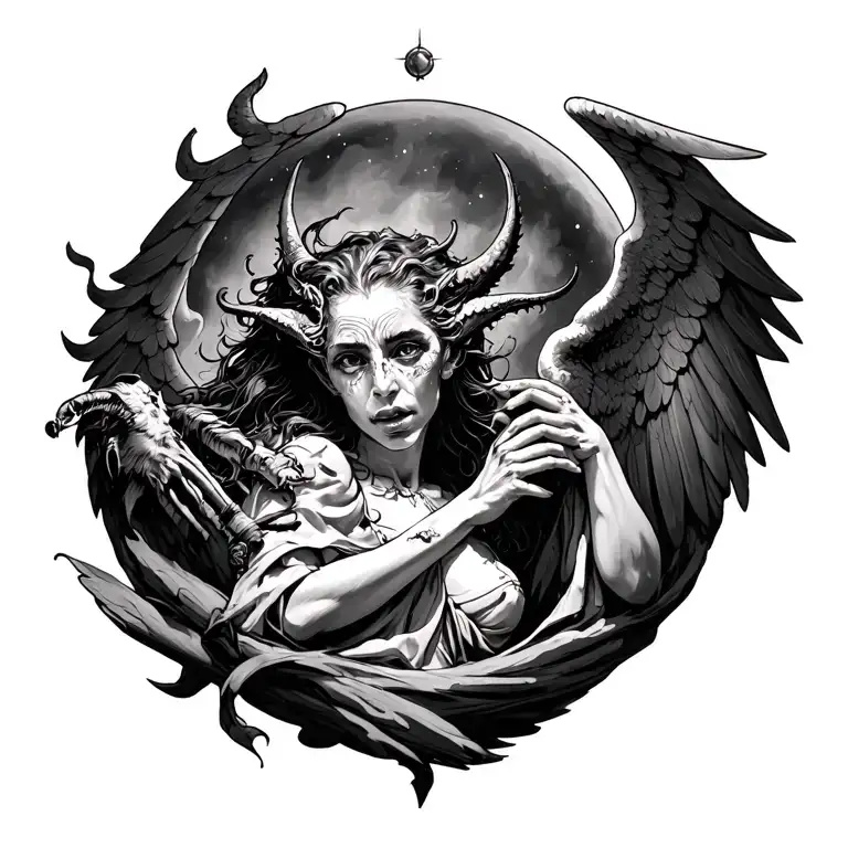 bad,good,Time,life,die,born,daemons,Angel,Earth ,war tattoo design idea