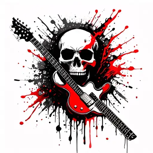 skull; American fist in the mouth; trace of red hand on the head; electric guitar tattoo design idea