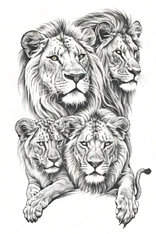 1 male lion, 1 female lion, 2 lion cubs face only tattoo design idea