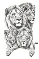 1 male lion, 1 female lion, 2 lion cubs face only tattoo design idea