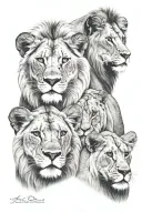 1 male lion, 1 female lion, 2 lion cubs face only tattoo design idea