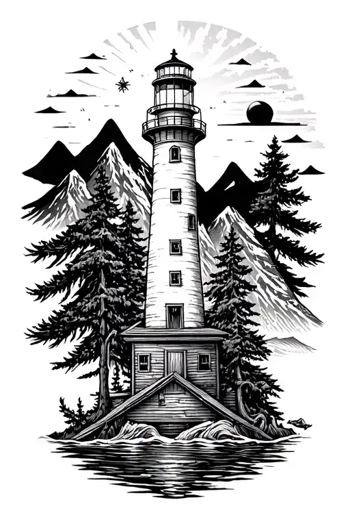 compass anchor lighthouse mountains trees  tattoo design idea