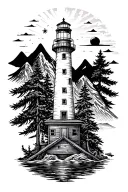compass anchor lighthouse mountains trees  tattoo design idea