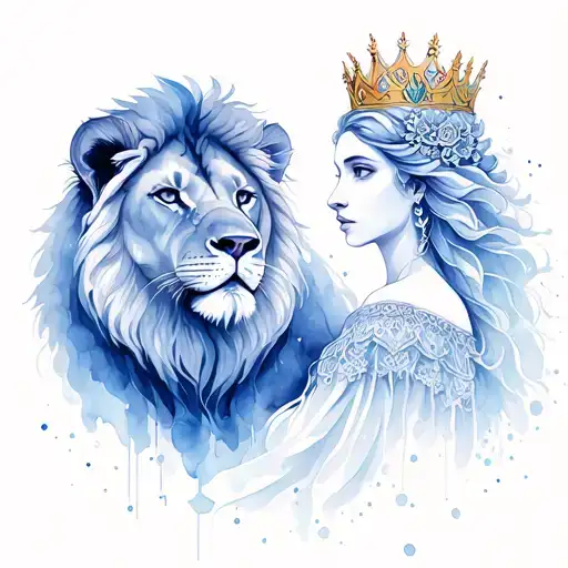 Virgo goddess facing lion wearing a crown tattoo design idea
