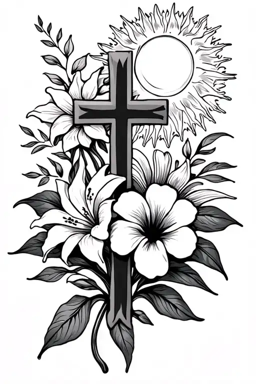 fine line cross with lillie's and a sun flower and hibiscus small tattoo design idea