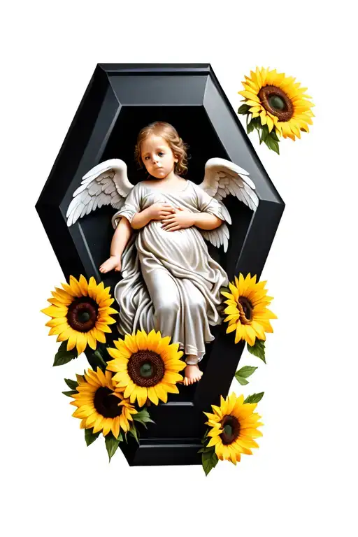 a black coffin adorned with a baby angel lined with silver silk. surrounded by boquets of sunflowers.  tattoo design idea