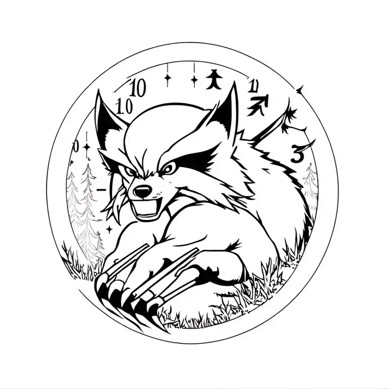 a gentle Wolverine animal in the wild showing its claws with the forest, moon, and clock in the background tattoo design idea