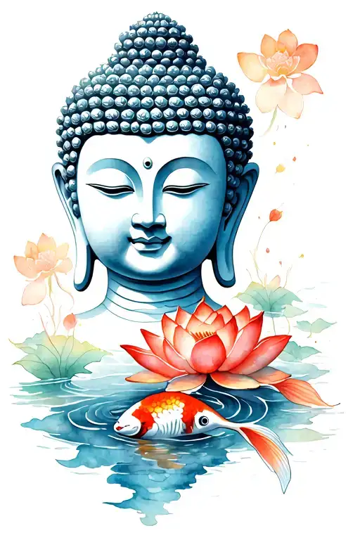 buddha head with koi swimming downstream and lotus tattoo design idea