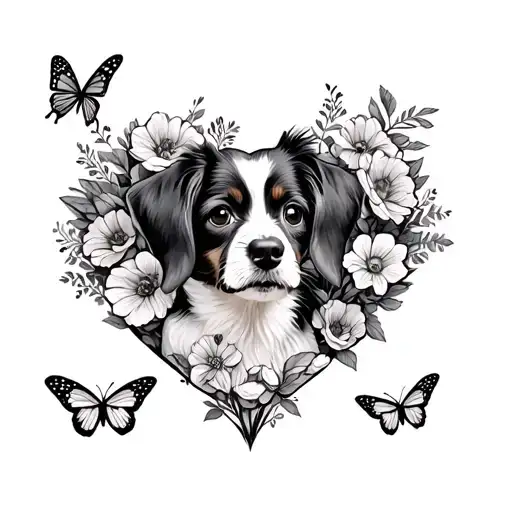 jack russel in heart with flowers and butterflies  tattoo design idea