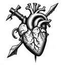 Human heart with the handle of a dagger sticking into it on the left side and arrow head sticking out of it on the right tattoo design idea