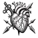 Human heart with the handle of a dagger sticking into it on the left side and arrow head sticking out of it on the right tattoo design idea