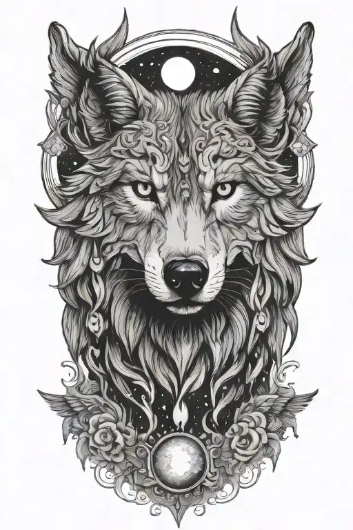 Wolf head with wings and moon sun stars hands spiritual tattoo design idea