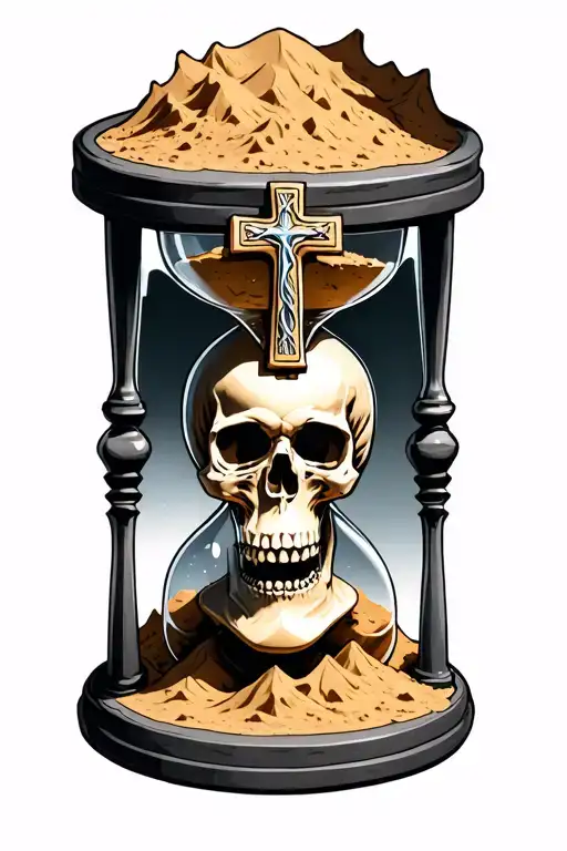 hour glass with religious cross in the top poking out of some sand and the bottom has a partially covered skull in sand  tattoo design idea
