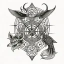 four symbols divided by intersecting lines. the symbols are a bird silhouette, a fish, deer antlers, and a sword  tattoo design idea