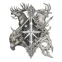 four symbols divided by intersecting lines. the symbols are a bird silhouette, a fish, deer antlers, and a sword  tattoo design idea