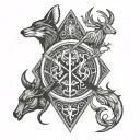 four symbols divided by intersecting lines. the symbols are a bird silhouette, a fish, deer antlers, and a sword  tattoo design idea