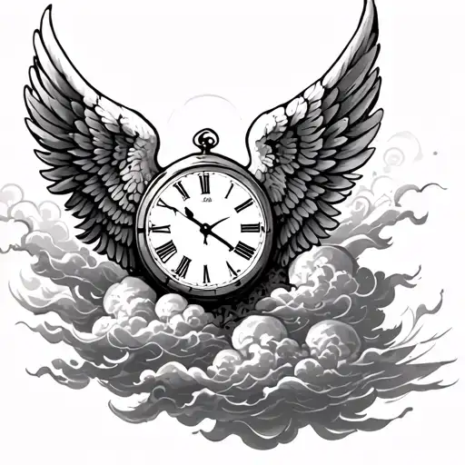 Wing, clock, clouds sleeve tattoo design idea